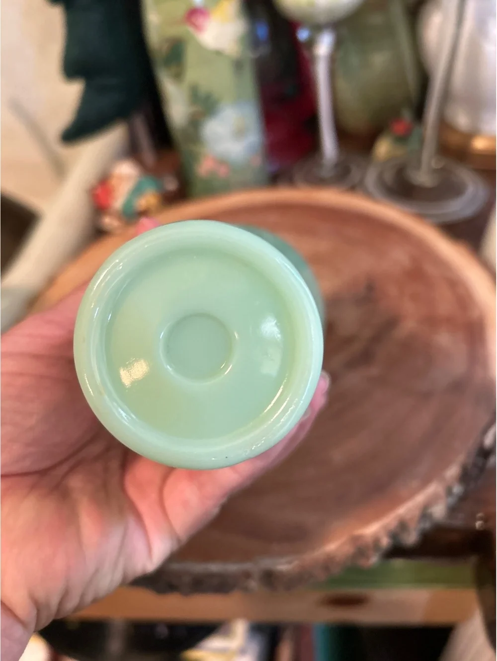 Vintage jadeite Glass Table Vase with Scalloped Rim and Bubble Detailing